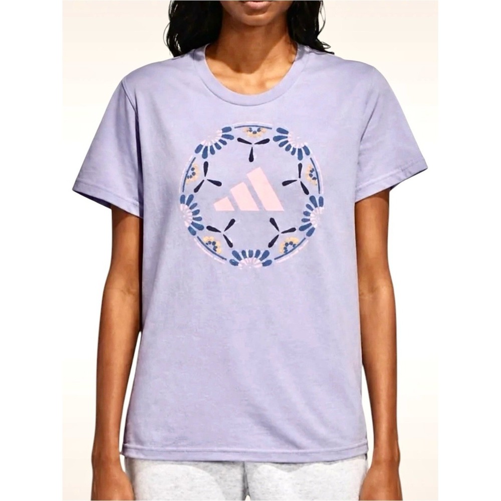 Adidas Women's Short Sleeve Cotton Soccer Ball Graphic Tee Shirt, Purple, Medium